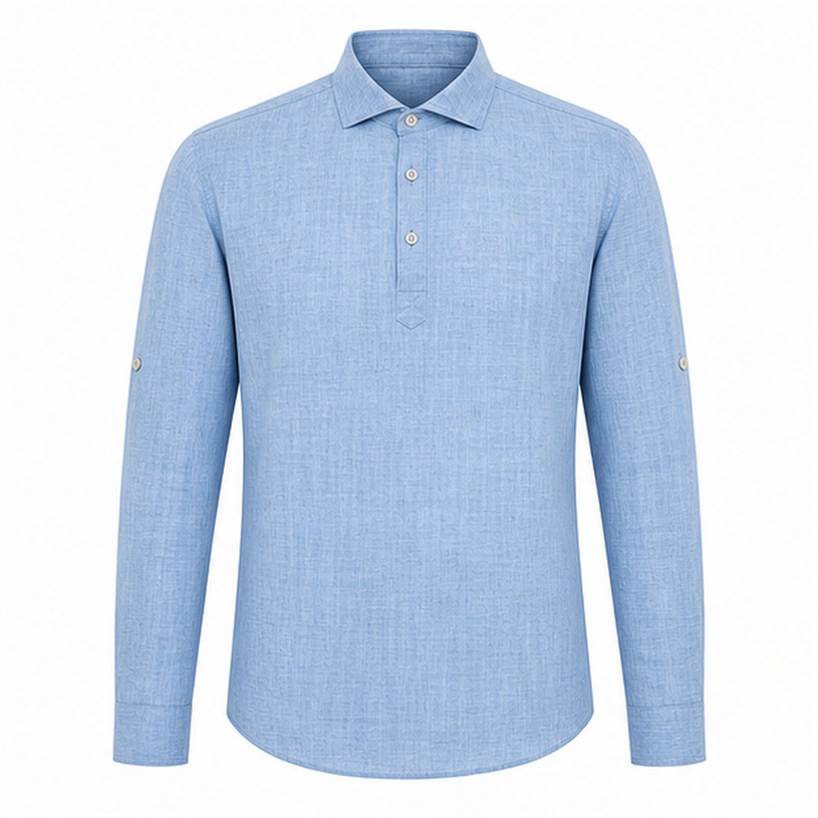 Valevento men's blue textured half-placket roll-sleeve shirt — studio front