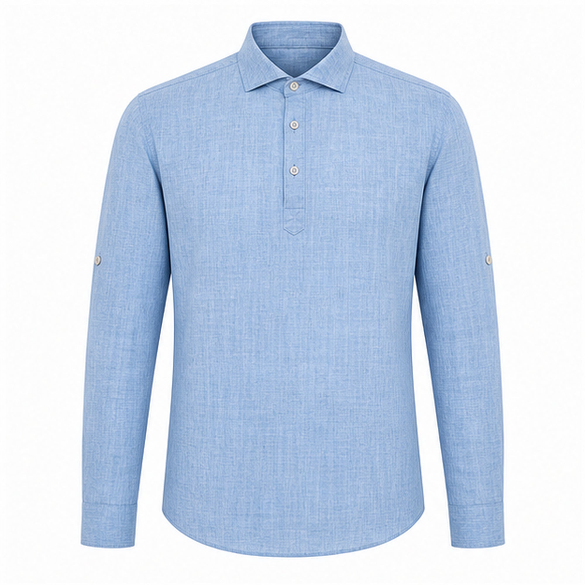 Valevento men's blue textured half-placket roll-sleeve shirt — studio front
