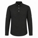 Valevento men's black textured half-placket roll-sleeve shirt — studio front