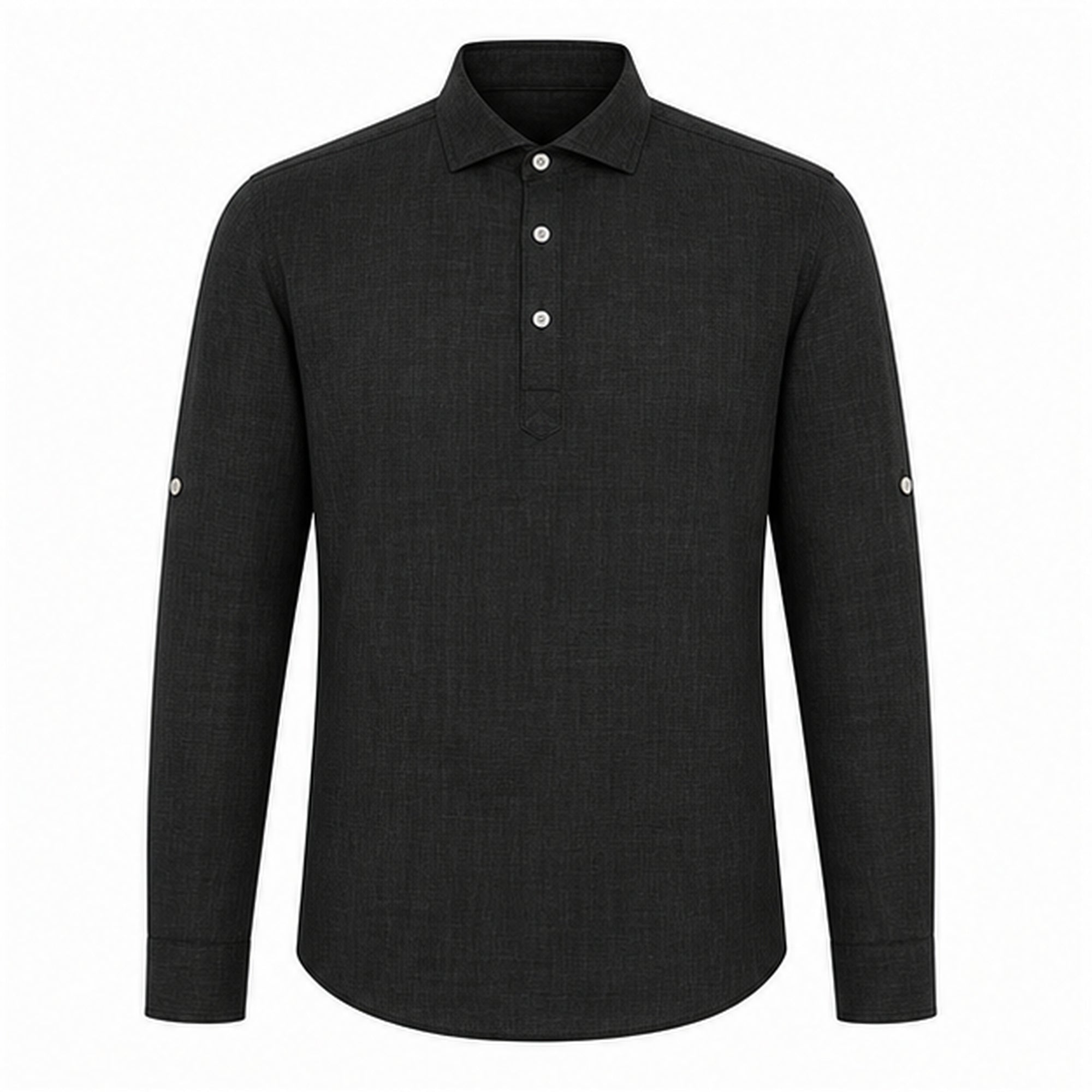 Valevento men's black textured half-placket roll-sleeve shirt — studio front