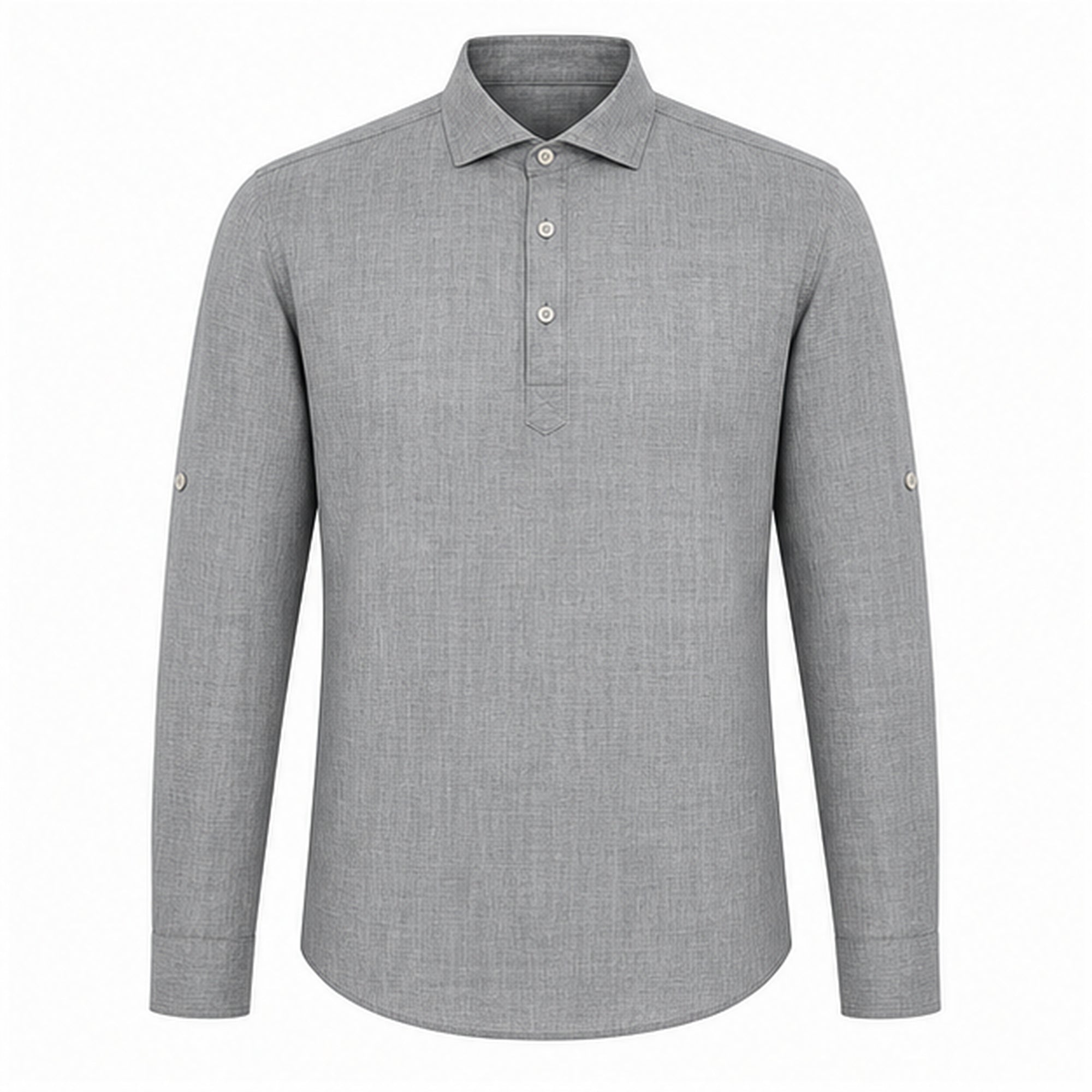 Valevento men's grey textured half-placket roll-sleeve shirt — studio front