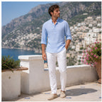 Valevento men's blue textured popover shirt on an Amalfi terrace