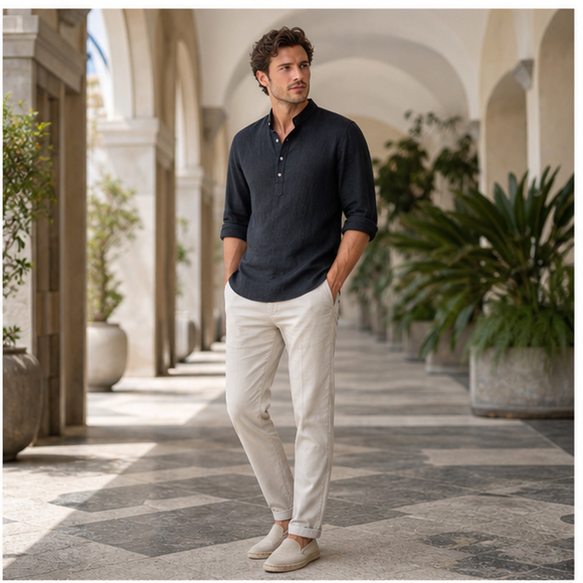 Valevento men's black textured popover shirt at a Mediterranean resort