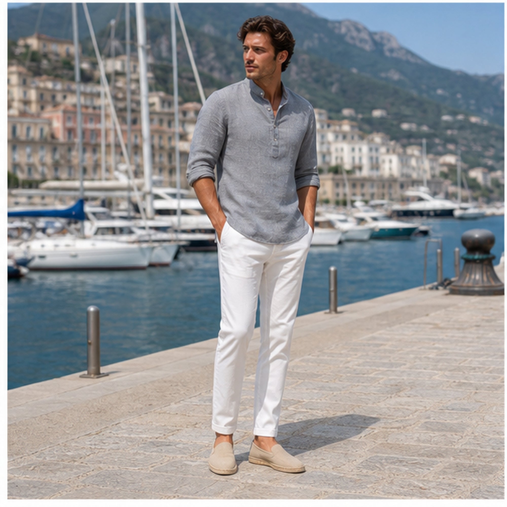 Valevento men's grey textured popover shirt at a marina