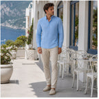 Valevento men's blue textured popover shirt outside a coastal cafe