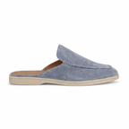 Men's Bruce & Co Vellaro baby blue open-back moc-toe loafers – side profile on white