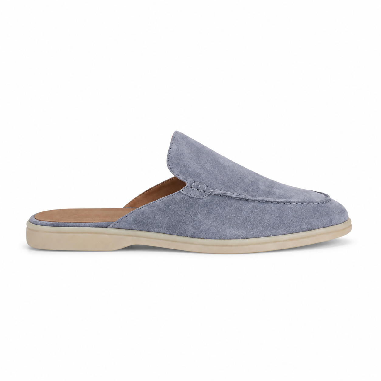 Men's Bruce & Co Vellaro baby blue open-back moc-toe loafers – side profile on white