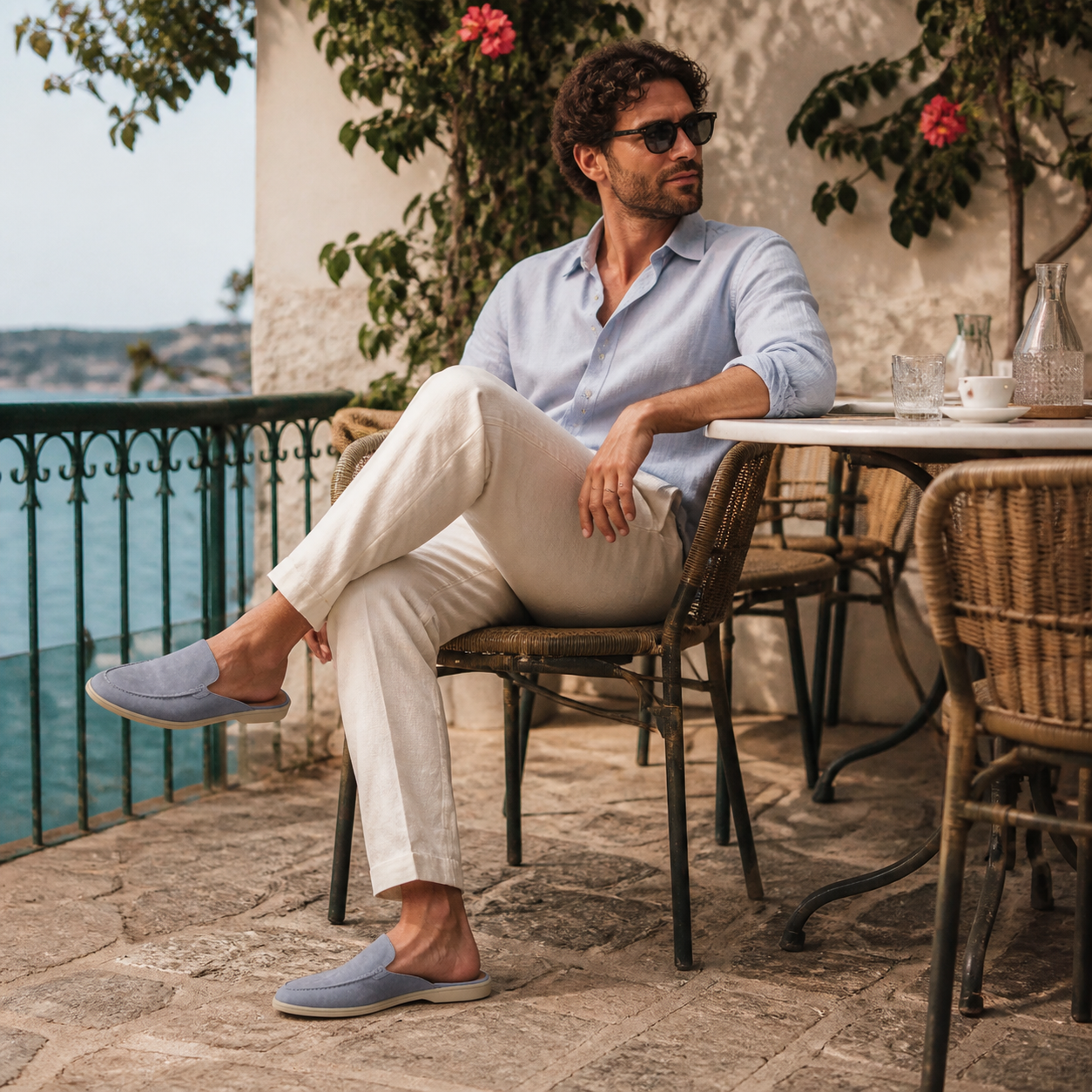 Men's Bruce & Co Vellaro baby blue open-back moc-toe loafers – coastal cafe lifestyle