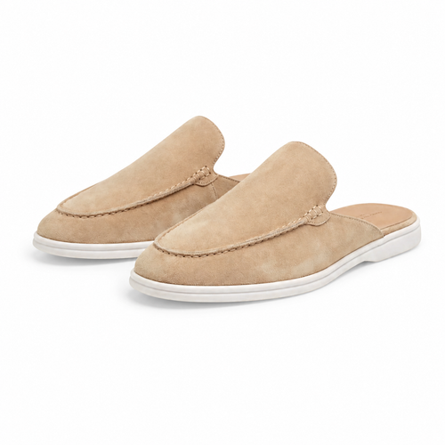 Bruce & Co Vellaro beige suede-look open-back loafers, main view on pure white