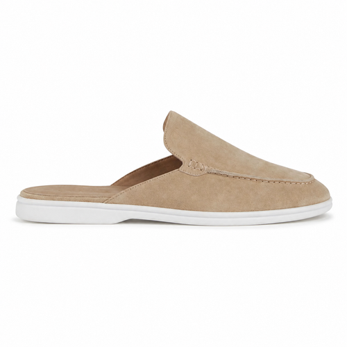 Bruce & Co Vellaro beige suede-look open-back loafer, side view on pure white
