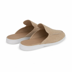 Bruce & Co Vellaro beige suede-look open-back loafers, rear view on pure white
