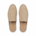 Bruce & Co Vellaro beige suede-look open-back loafers, top view on pure white