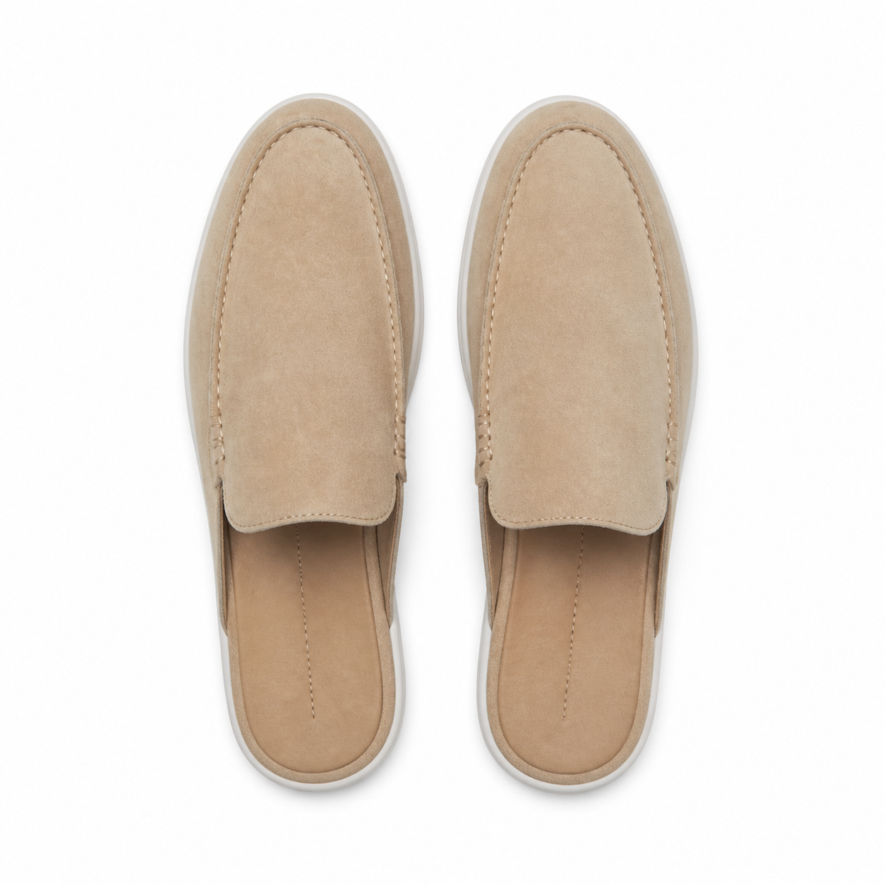 Bruce & Co Vellaro beige suede-look open-back loafers, top view on pure white