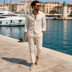 Bruce & Co Vellaro beige loafers at a Mediterranean marina