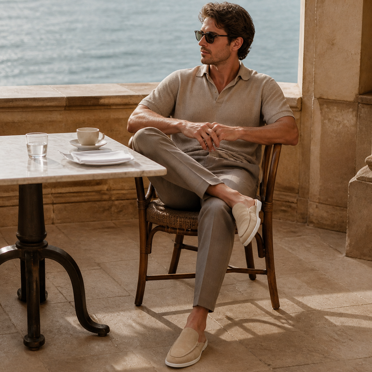 Bruce & Co Vellaro beige loafers at a coastal cafe