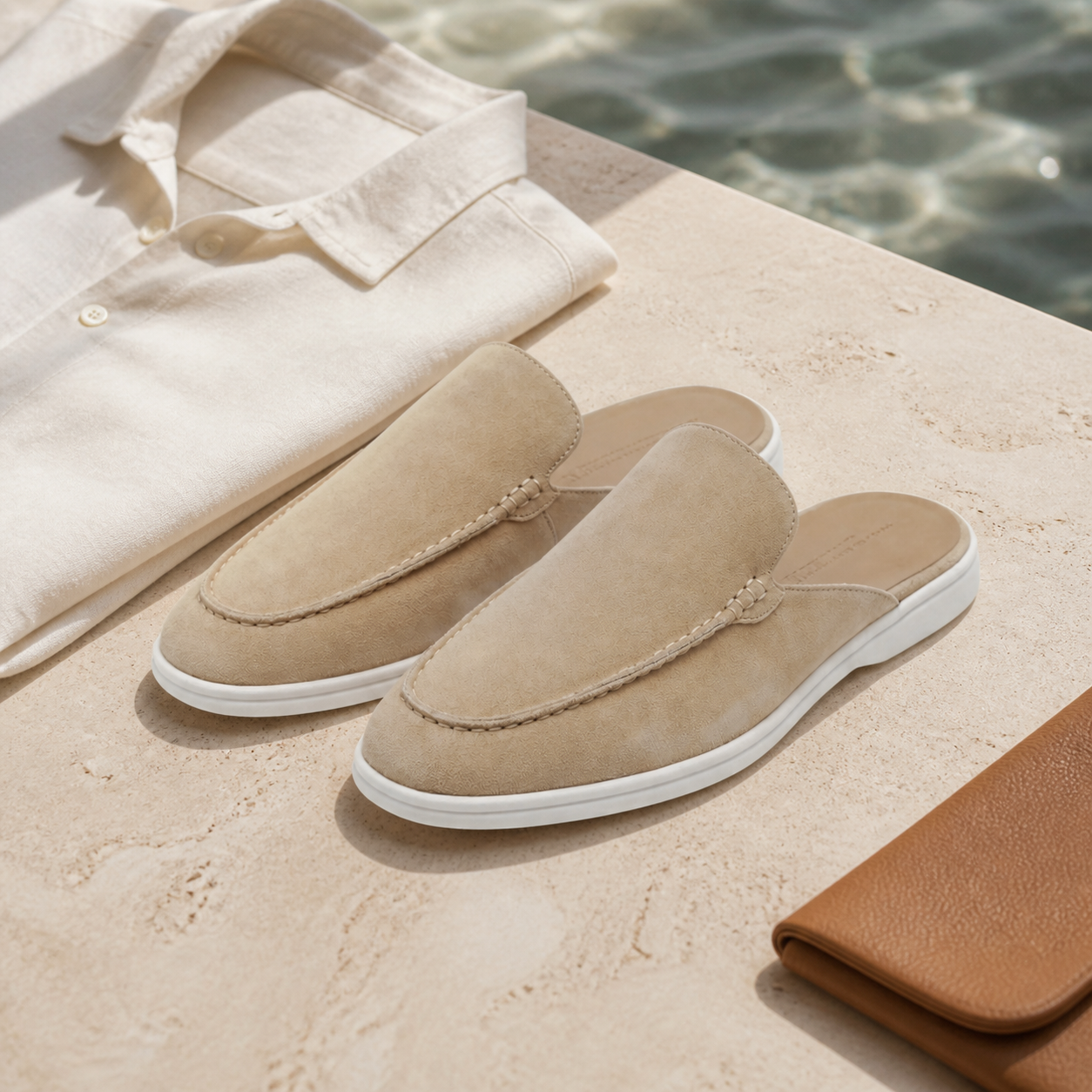 Bruce & Co Vellaro beige loafers in a luxury still life