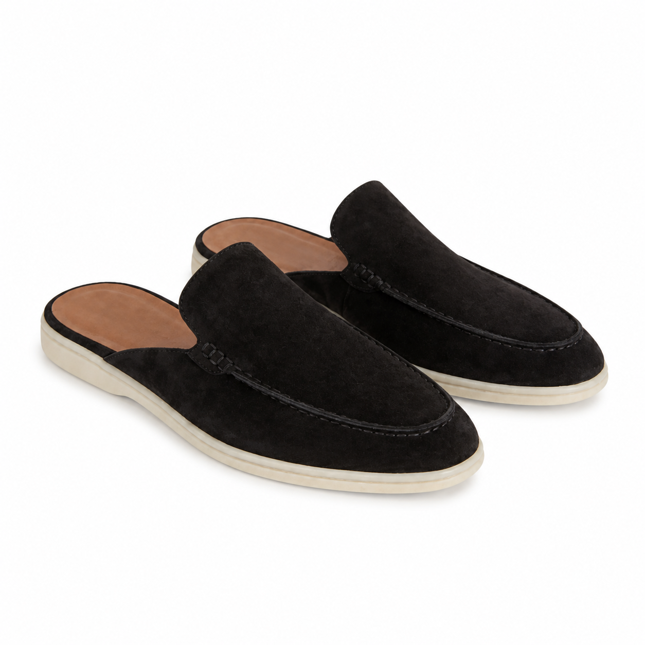 Bruce & Co Vellaro black suede-look open-back loafers on pure white, three-quarter view