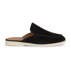 Bruce & Co Vellaro black suede-look open-back loafers on pure white, side view