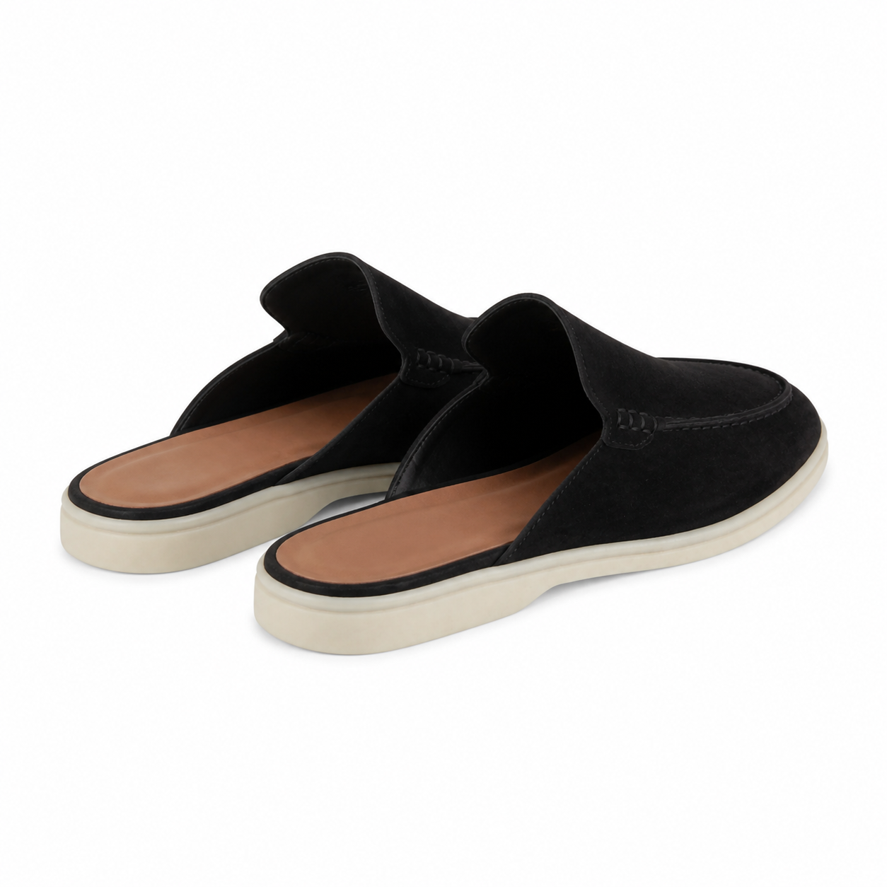 Bruce & Co Vellaro black open-back loafers on pure white, rear view