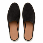 Bruce & Co Vellaro black open-back loafers on pure white, top view