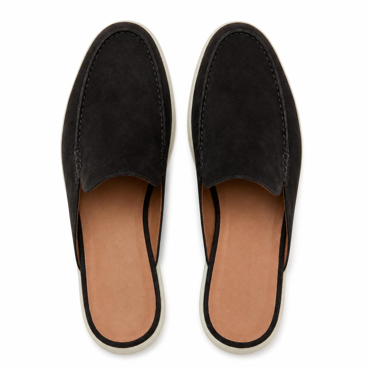 Bruce & Co Vellaro black open-back loafers on pure white, top view