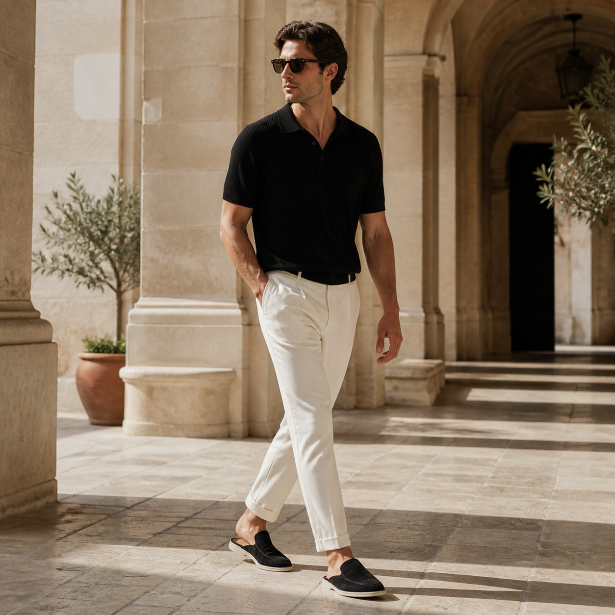 Bruce & Co Vellaro black open-back loafers worn under a Mediterranean arcade