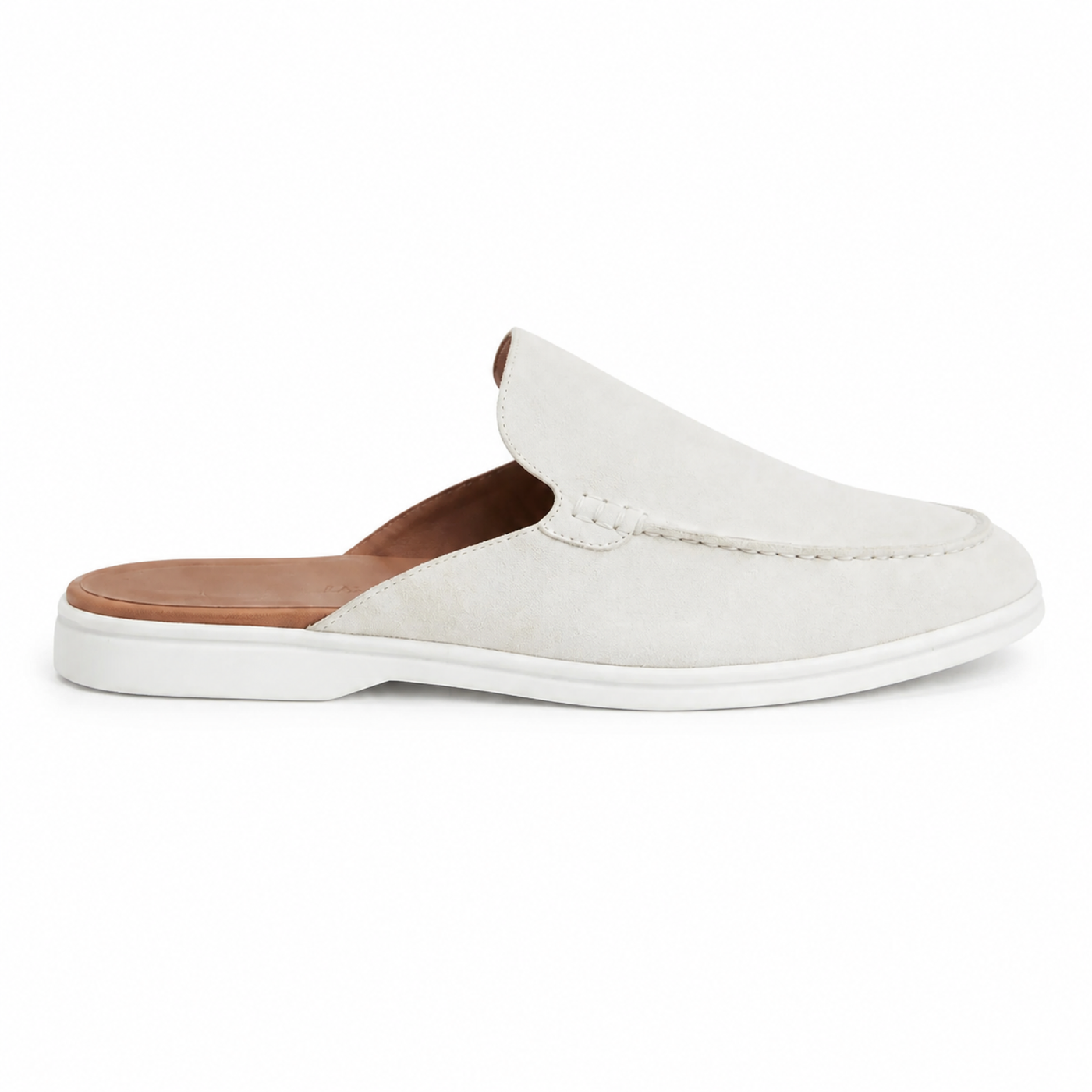 Vellaro white open-back moc-toe loafer side profile