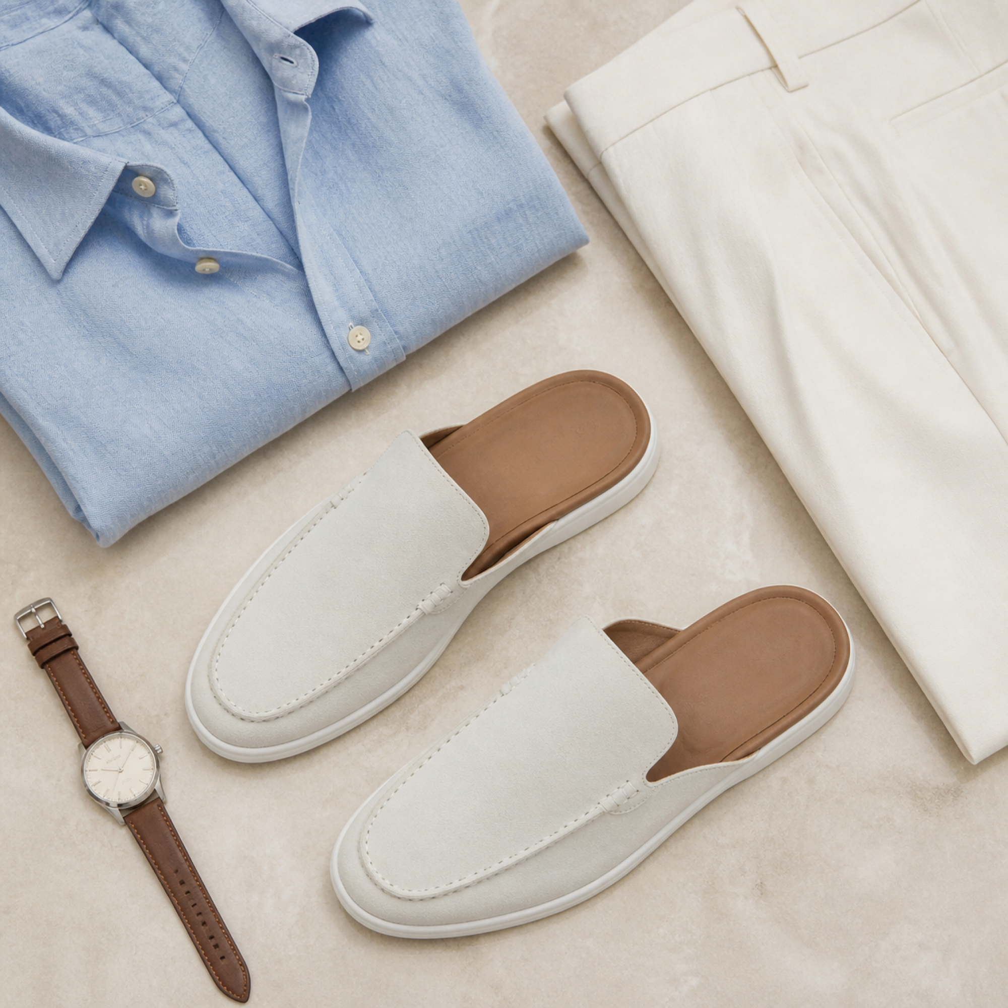 Vellaro white mule loafers outfit flat lay