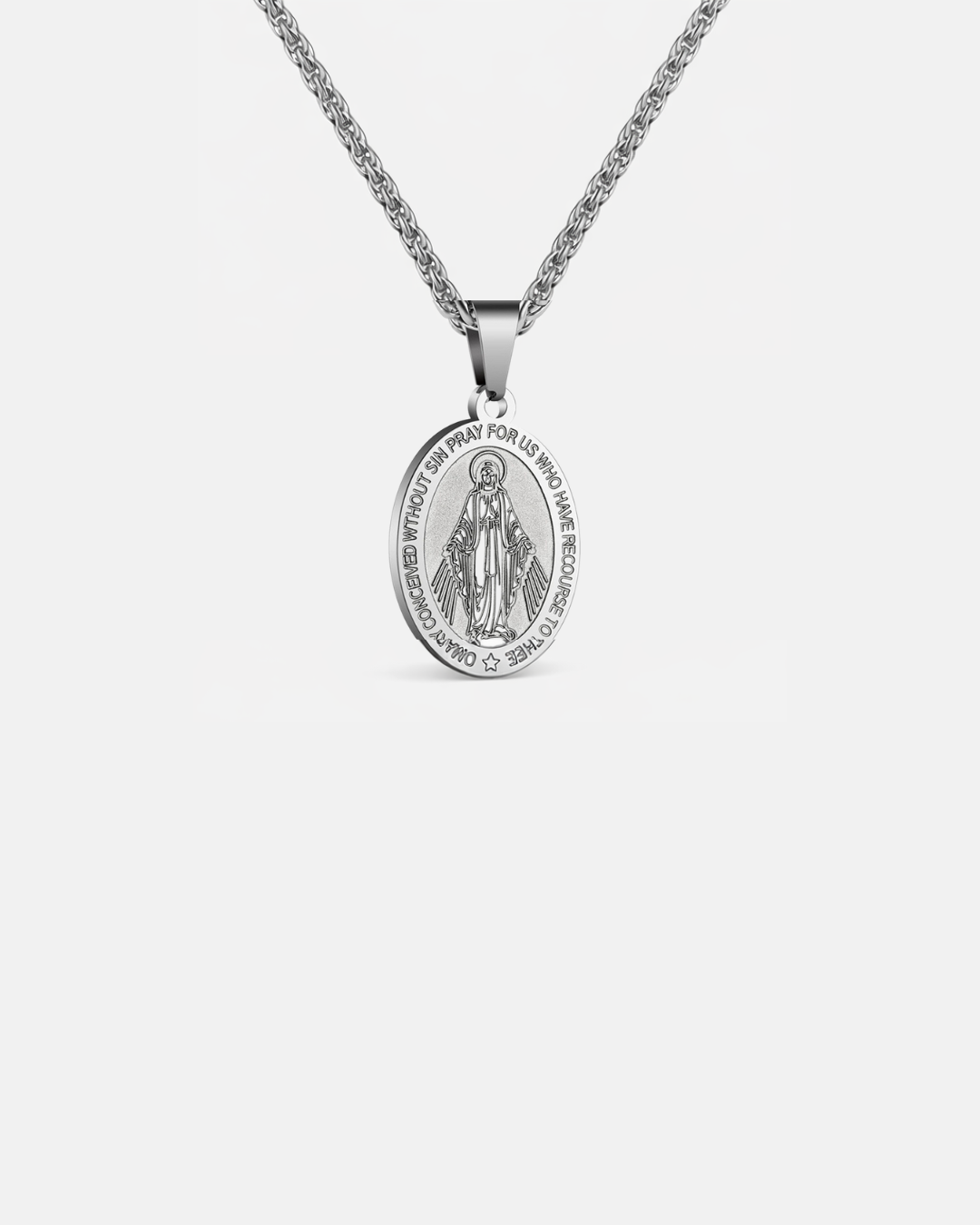 Bruce & Co Virgin Mary Medallion Necklace, Silver-Plated Steel