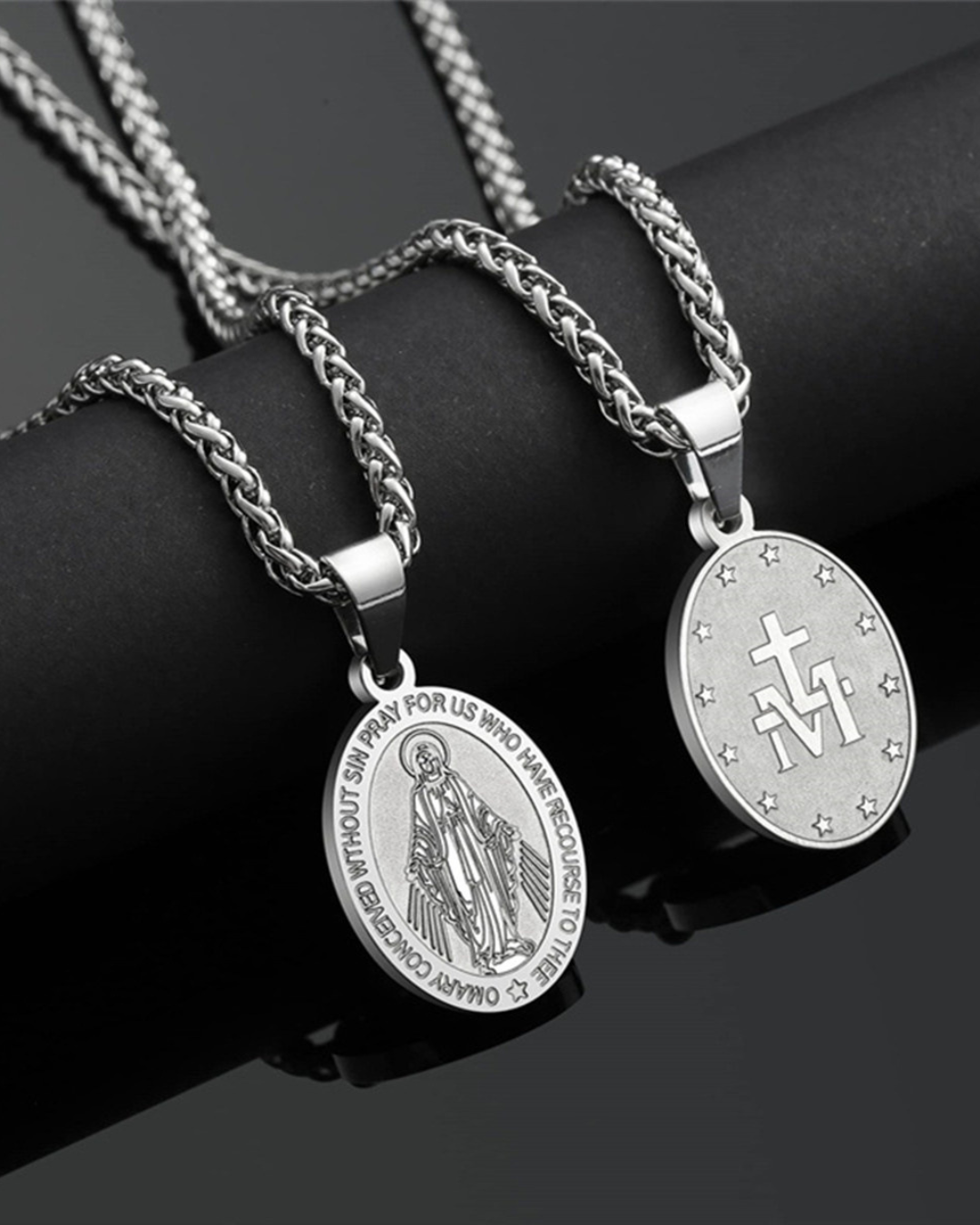 Bruce & Co Virgin Mary Medallion Necklace, Silver-Plated Steel