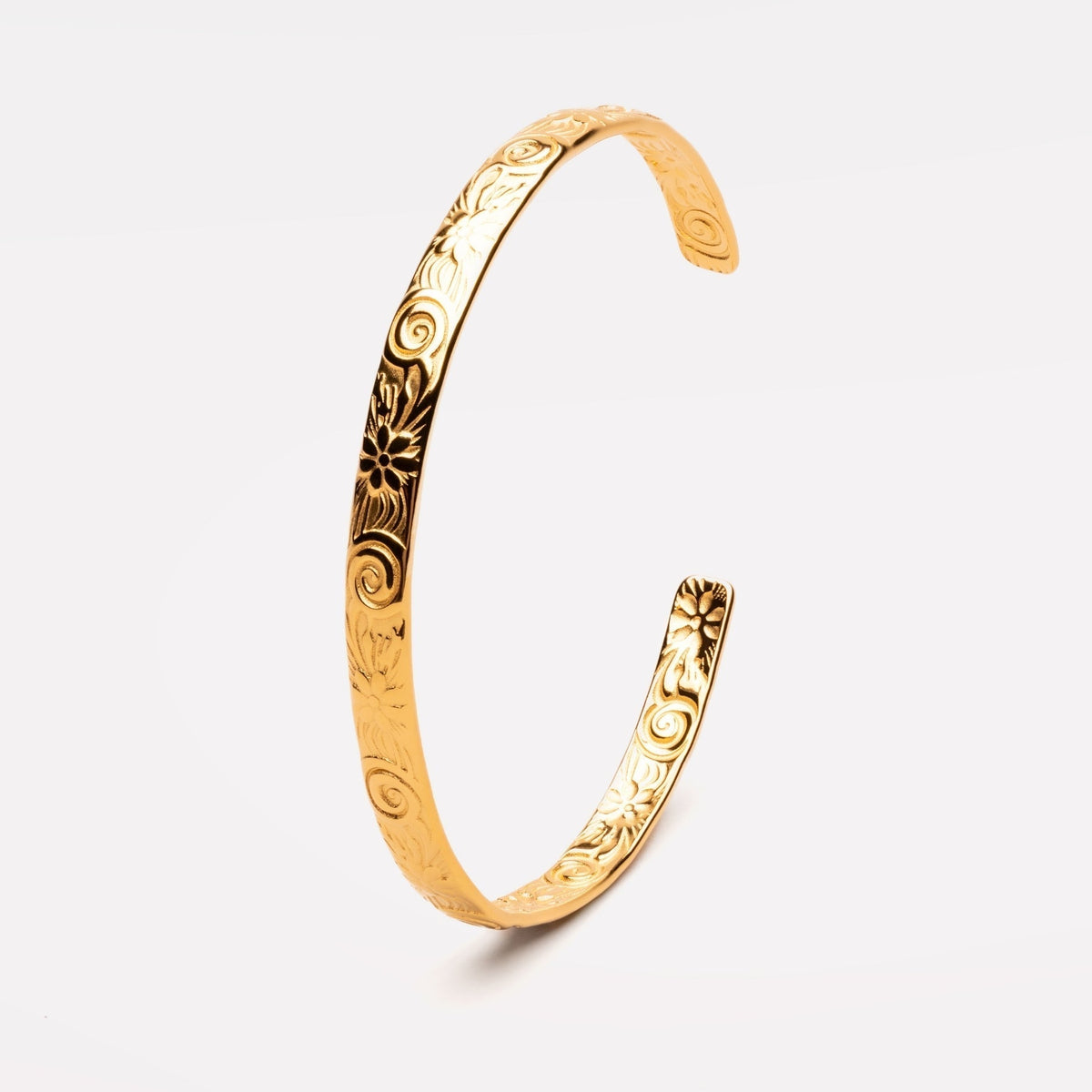 Bruce & Co Flora – Floral Engraved Open Cuff Bracelet, Steel