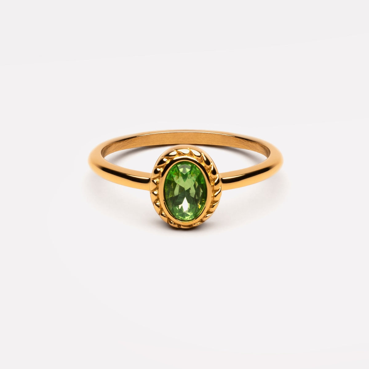 Bruce & Co Olivia – Green Glass Oval Ring, Gold PVD Steel