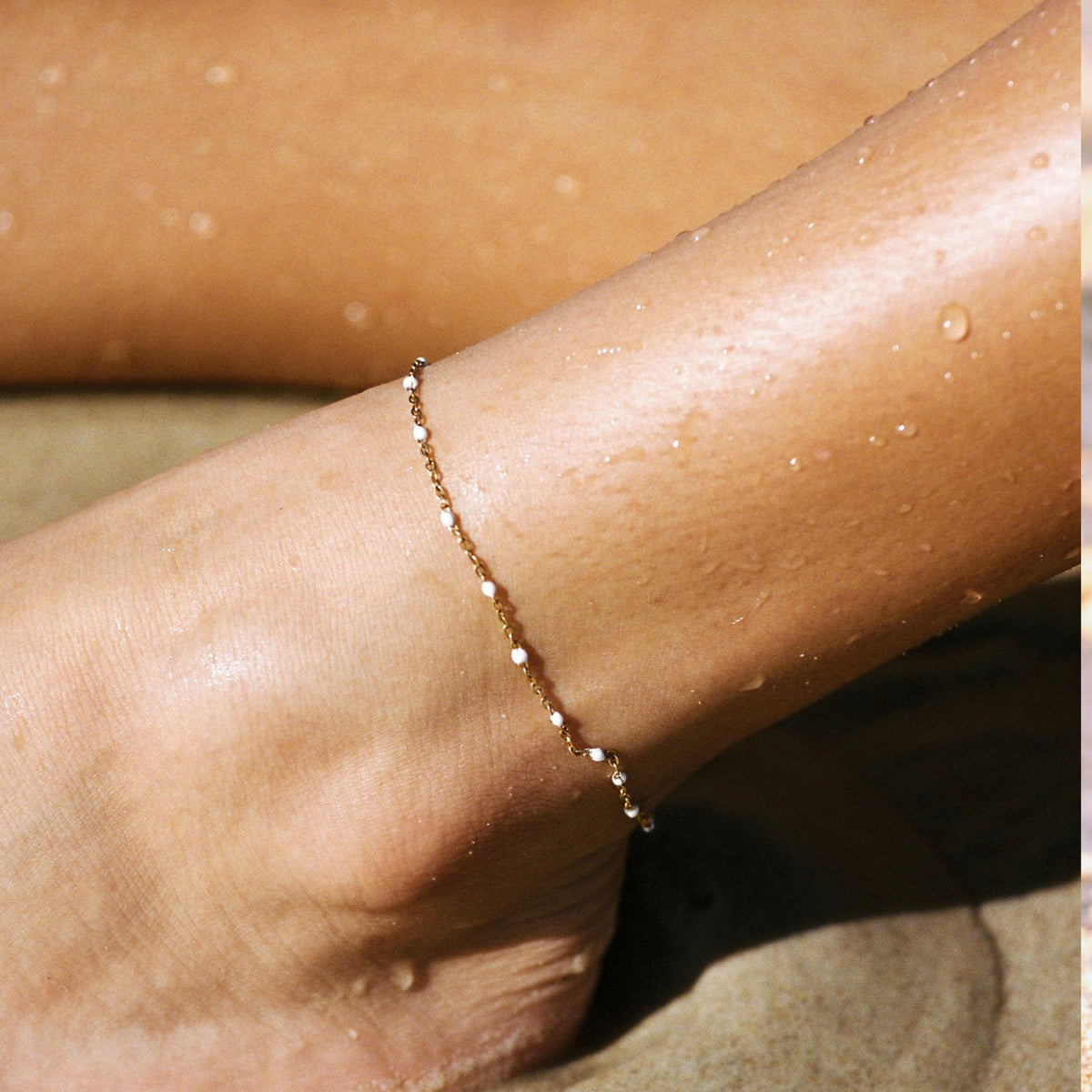 Bruce & Co White Bead Station Anklet, 22 cm, Steel