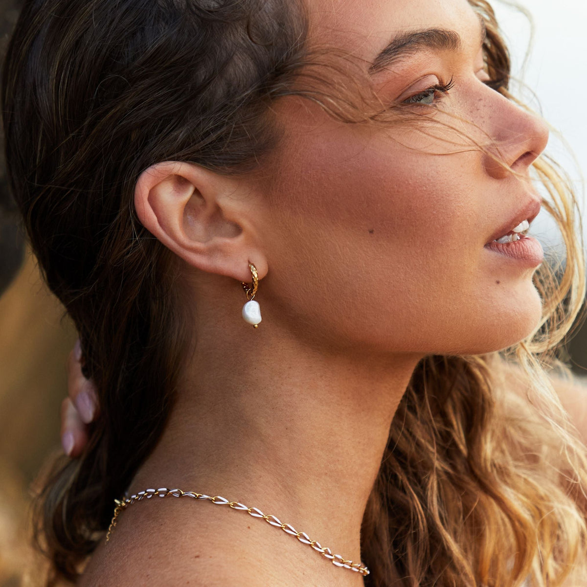 Bruce & Co Hammered Pearl Hoop Earrings, 12 mm