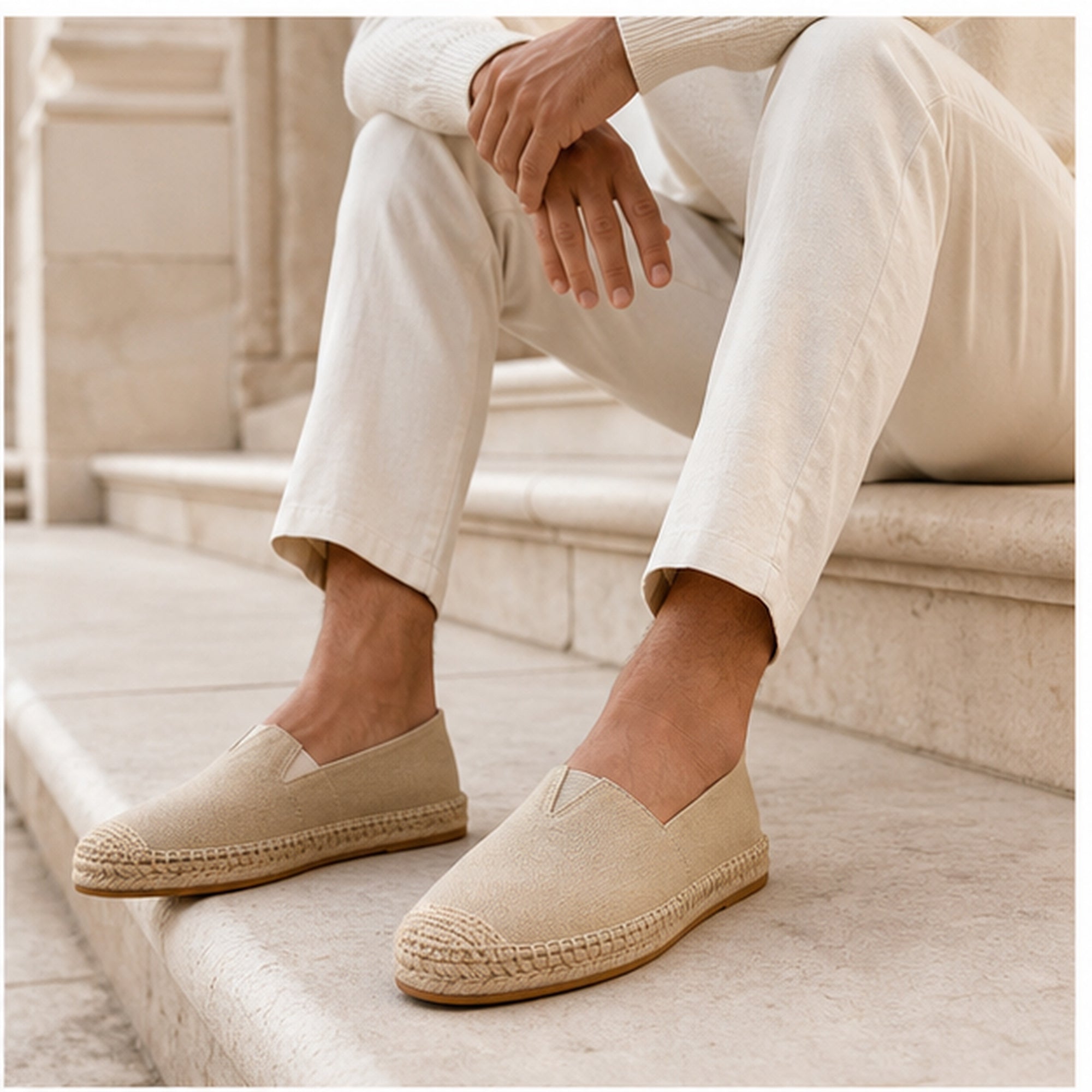 Beige Wynmont canvas espadrilles worn on limestone steps