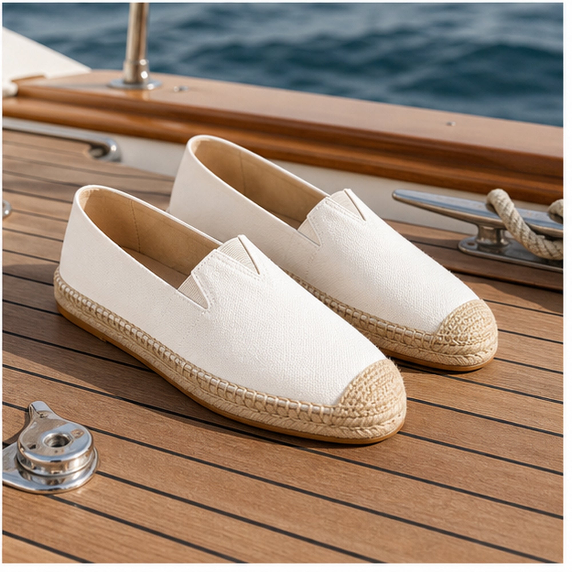 White Wynmont canvas espadrilles on a yacht deck