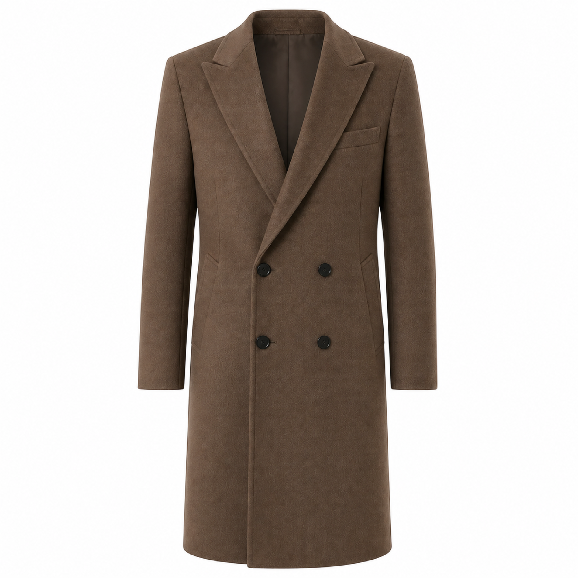 Wynrel brown double-breasted long overcoat on white
