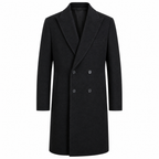 Wynrel black double-breasted long overcoat on white