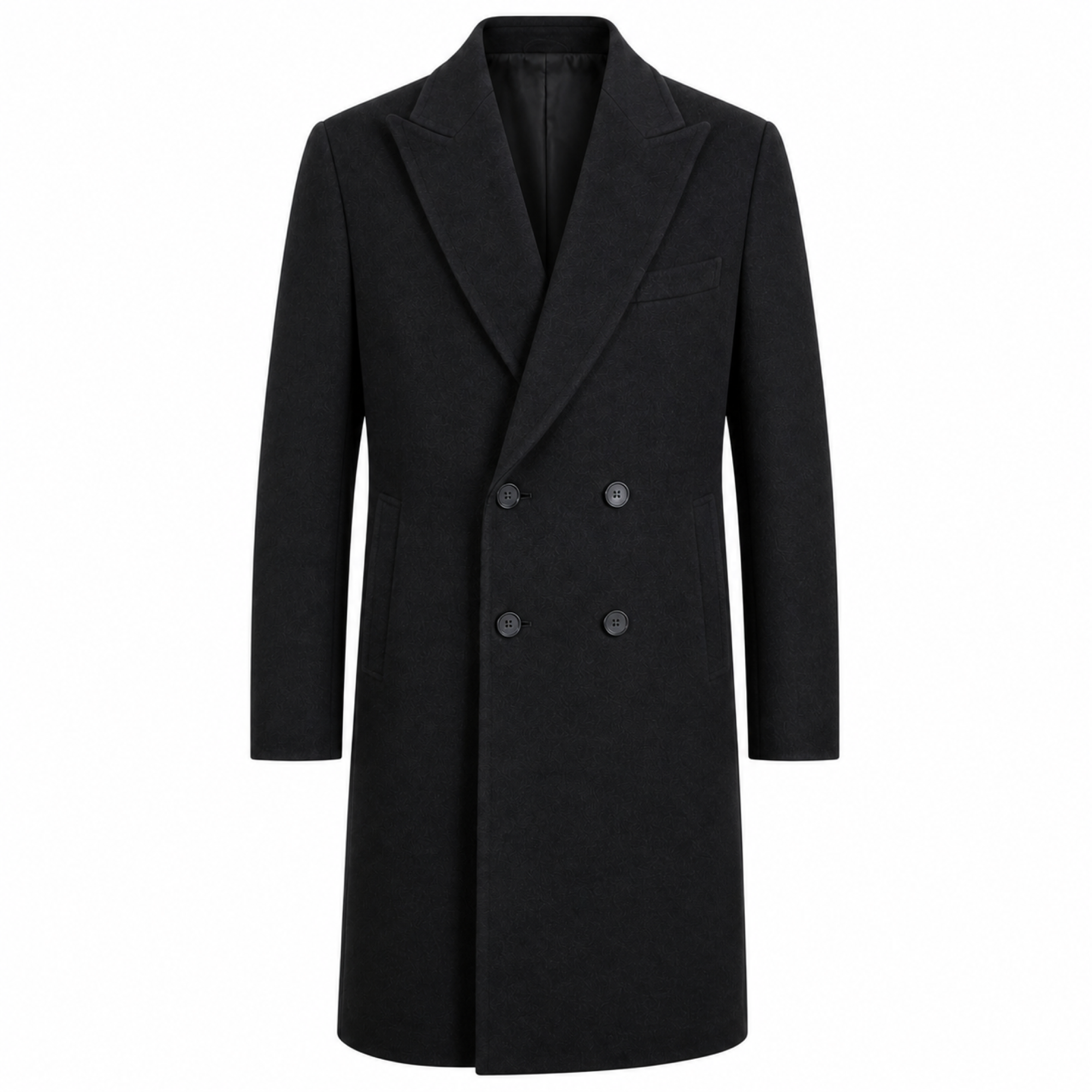 Wynrel black double-breasted long overcoat on white