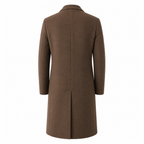 Rear view of the Wynrel brown long overcoat on white