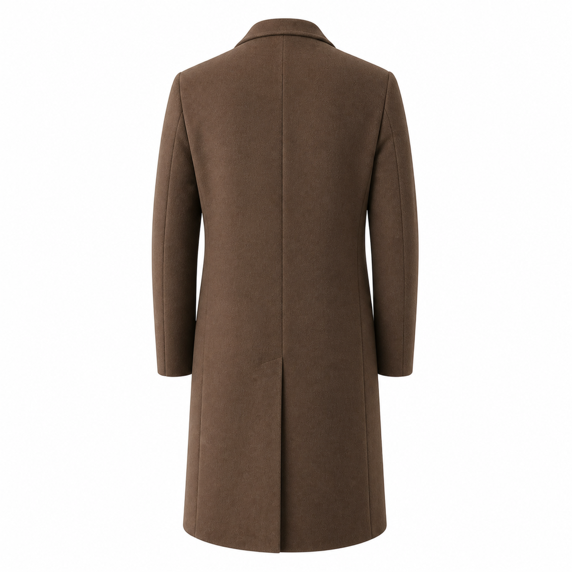 Rear view of the Wynrel brown long overcoat on white