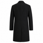 Rear view of the Wynrel black long overcoat on white