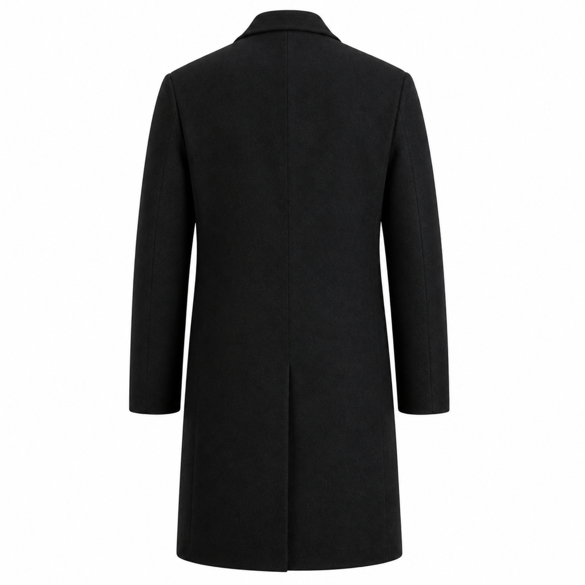 Rear view of the Wynrel black long overcoat on white