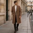 Man wearing the brown Wynrel overcoat on a European old-town street