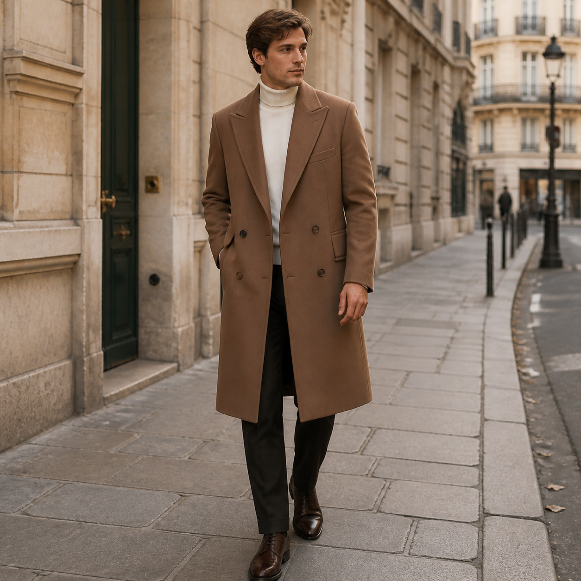 Man wearing the brown Wynrel overcoat on a European old-town street