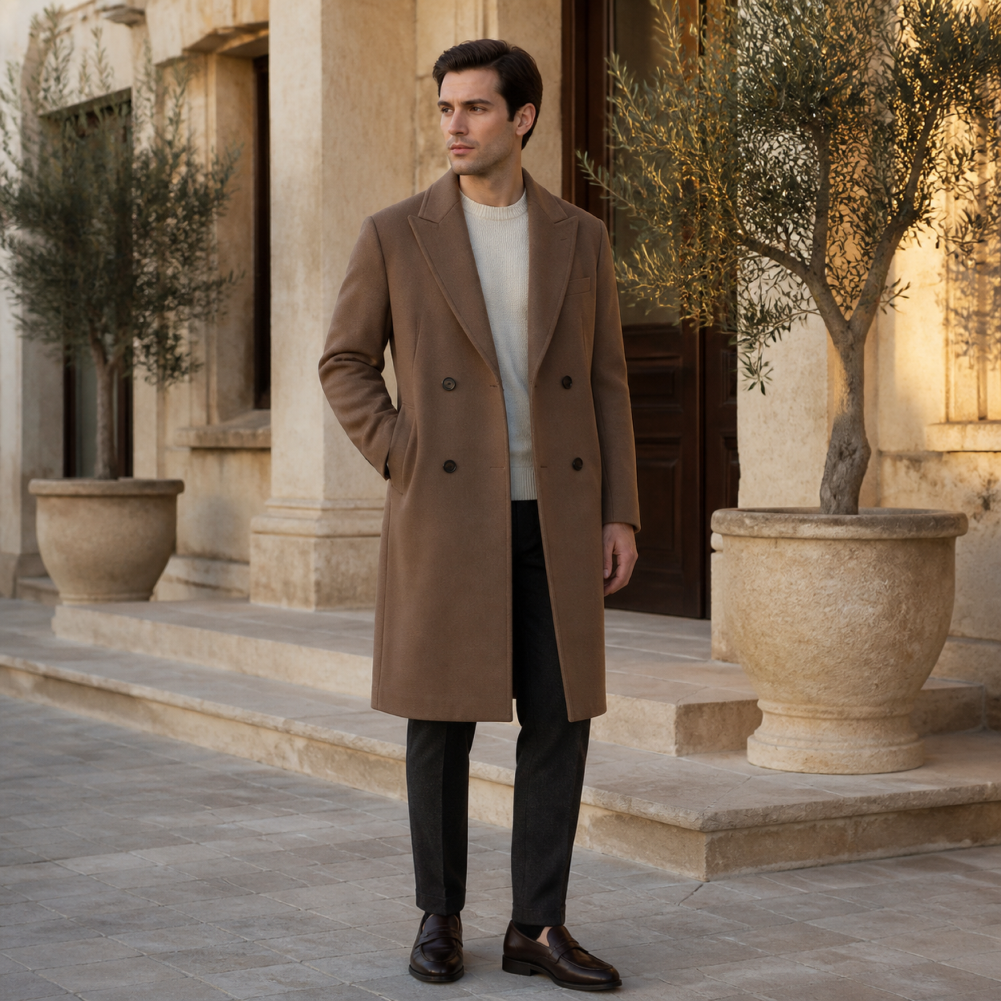 Man wearing the brown Wynrel overcoat at a Mediterranean villa