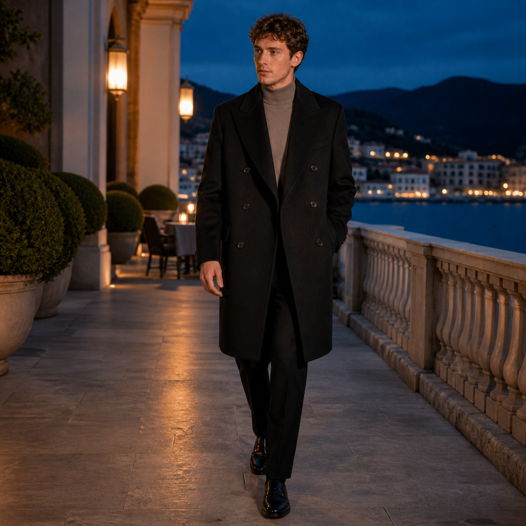 Man wearing the black Wynrel overcoat on a coastal terrace at blue hour