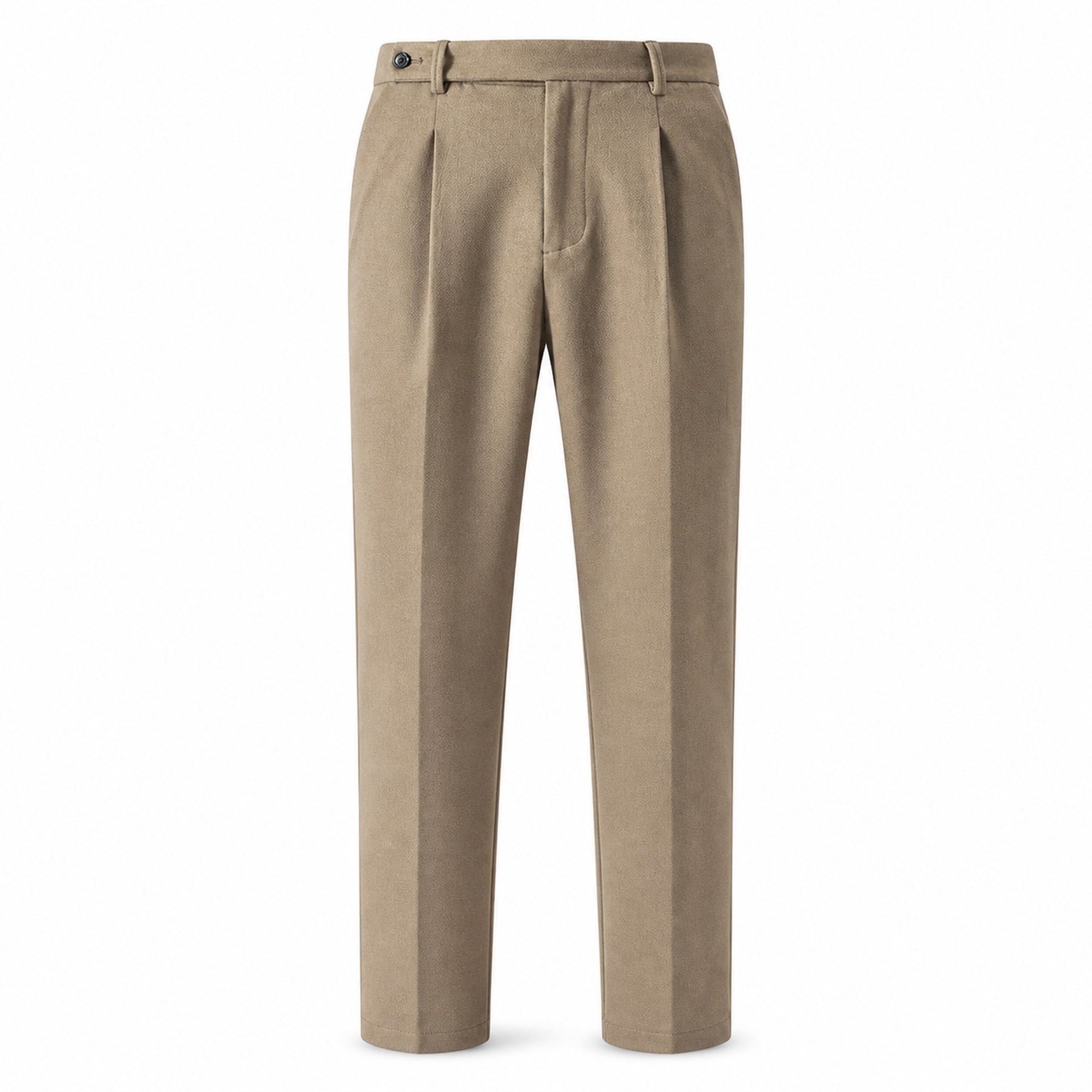 Wynvane beige pleated trousers, front ghost mannequin studio view
