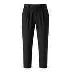 Wynvane black pleated trousers, front ghost mannequin studio view