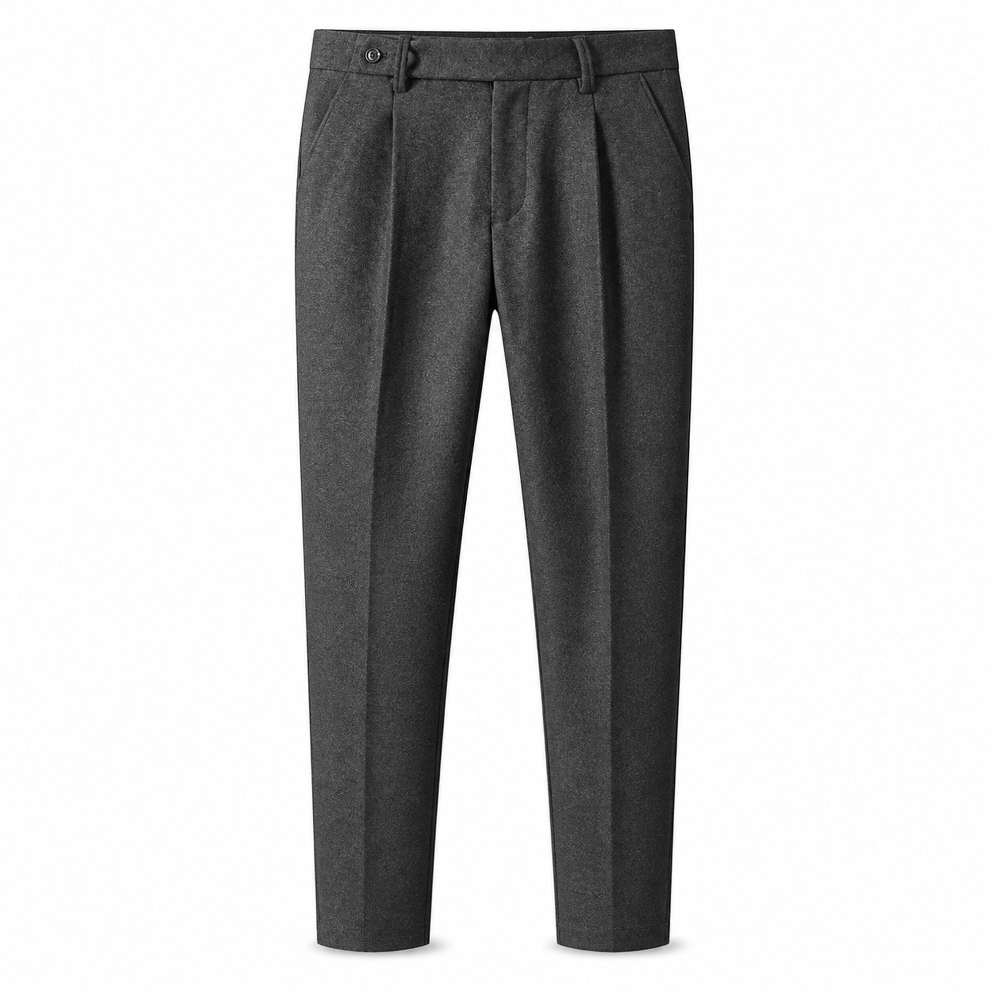 Wynvane charcoal pleated trousers, front ghost mannequin studio view